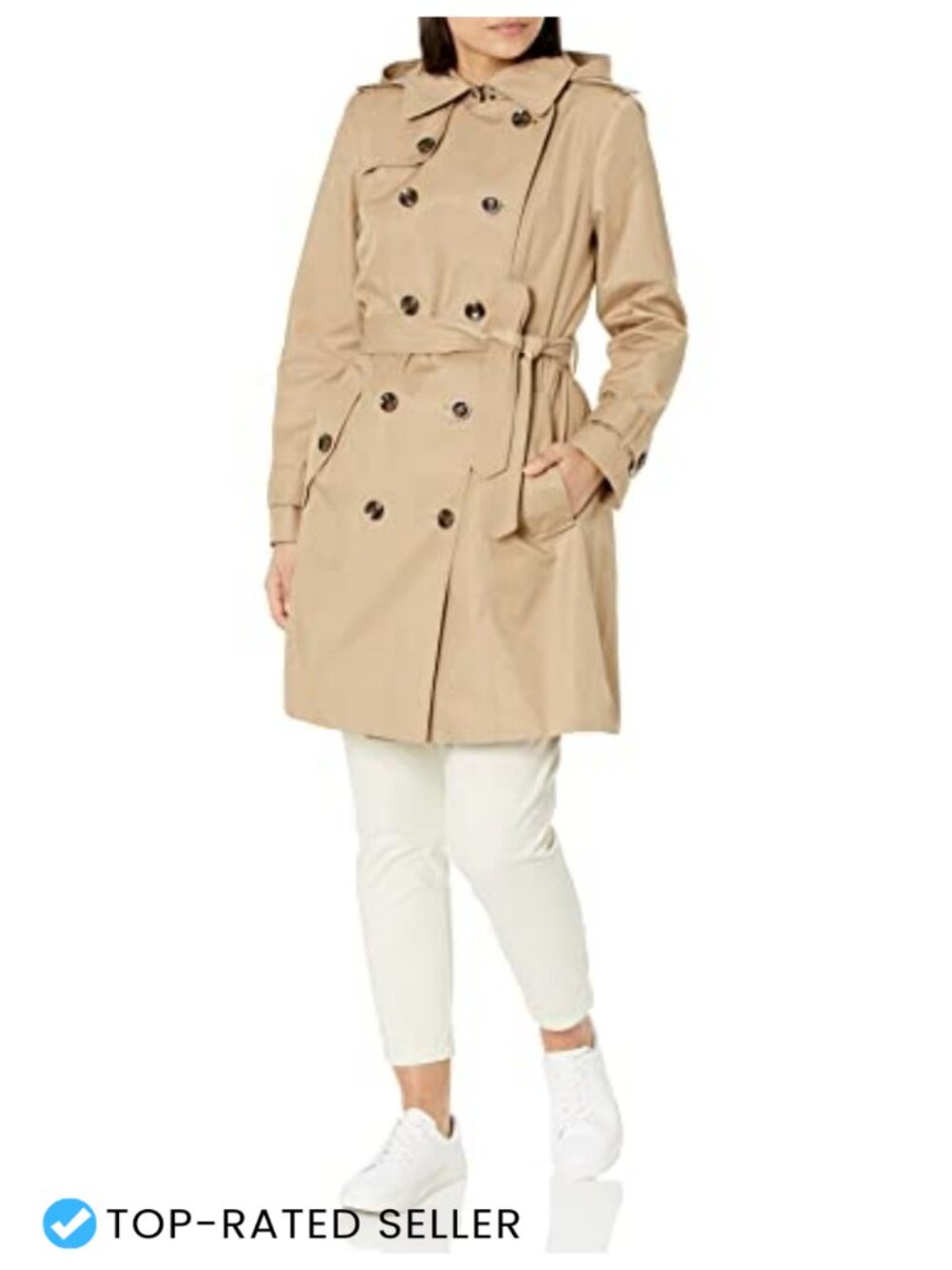 Double Breasted Trench Coat with Belt Removable Hood Cotton Blend
